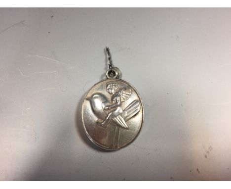 A Wiener Werkstatte Locket designed by Berthold Loffler, decorated with a putto riding a robin, silver coloured metal, stampe