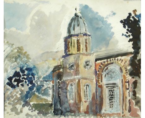 § Malcolm Milne (British, 1887-1954) French church and village, unsigned, gouache, 31 x 37cm (12.2 x 14.5in); Classical clock