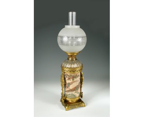 A Zsolnay Aesthetic style oil lamp, the column base decorated with birds and flowers in the Japanese taste with open fret gil