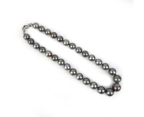 A black cultured pearl necklace, designed as a single row of black cultured pearls, diameters approximately 12.6-15.3mm, to a
