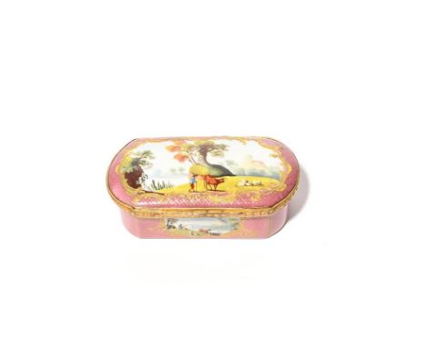 A South Staffordshire enamel snuff box c.1770-80, the oval form painted with a figure with cattle and sheep beside the water'