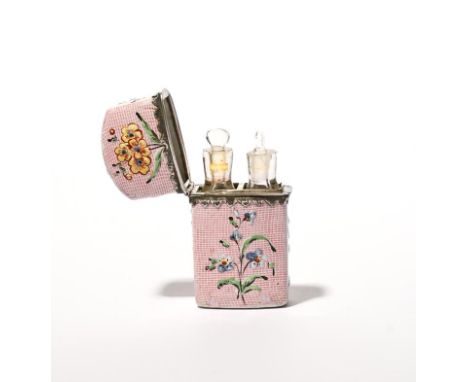 A Bilston enamel double scent bottle case c.1770-80, the flattened rectangular form decorated with raised flower sprays on a 