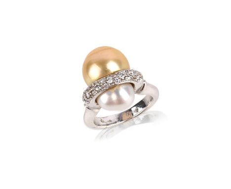 A cultured pearl and diamond ring, of abstract design, set with a silver and golden cultured pearl, pave-set with round brill