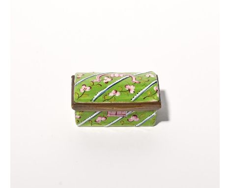 An unusual English enamel snuff box or bonbonniere c.1770-90, modelled as a portable trunk or casket, decorated with diagonal