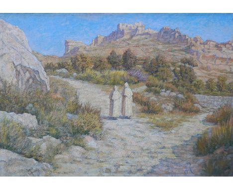 Monogrammist L R: Blick auf Les Baux-de-Provence, im Vordergrund zwei MöncheÖl auf Leinwand, unten rechts monogr. L R, unten 