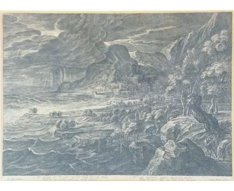 Huberti, Caspar, , 1630 Antwerpen - 1724 Ebd.: Mythologische Landschaft mit Gewitter nach Rubens29,5x43cm i,d. Legende sign. 