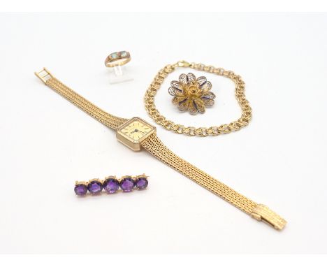 5 Teile Gelbgoldschmuck 333Gelbgold gest. 333, best. aus Broschen, Ring, Armband und Uhr, 47g total