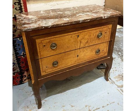 COMMODE, early 20th century French mahogany and birds eye maple of two drawers with rouge marble top, 87cm W x 80cm H x 44cm 