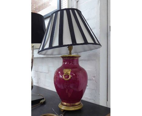 TABLE LAMP, Chinese export style oxblood glaze with pleated shade, 65cm H.