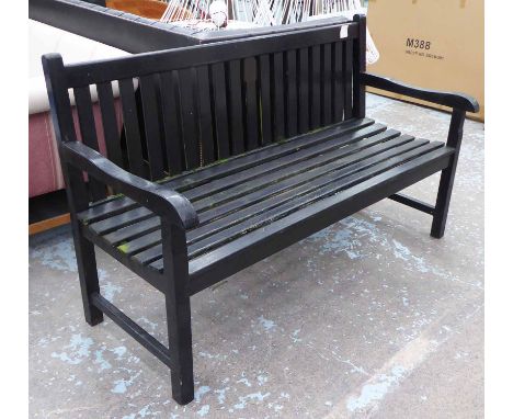 GARDEN BENCH, black, 150cm x 93cm H x 63cm and a sun lounger, black painted brass fittings. (2) (with faults)