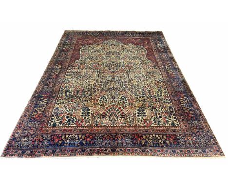 ANTIQUE KERMAN LAVER CARPET, 380cm x 270cm, Tree of Life design with birds with corresponding borders.