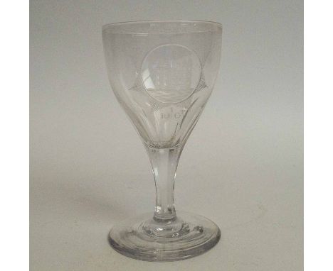 DRINKING GLASS, First Regiment of Royal Scots, with etched emblem, 12.5cm H.