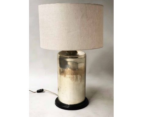LAMP, silver glazed with large linen drum shade, 80cm H.
