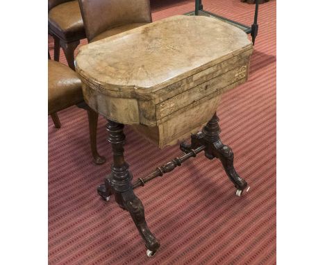 GAMES TABLE, Victorian burr walnut with inlaid detail, with chess, backgammon and cribbage boards, with drawer and bag on car