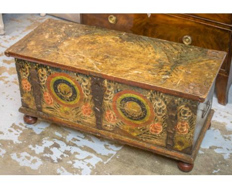 TRUNK, 19th century Tyrolean painted with a rectangular rising top and a handle to each side on bun feet, 98cm W x 46cm H x 4