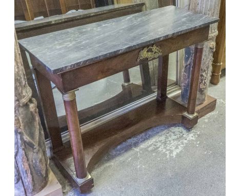 CONSOLE TABLE, Empire mahogany and gilt metal mounted with grey marble top and frieze drawer, 91cm H x 114cm W x 43cm D. (wit