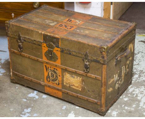 TRAVELLING TRUNK, early 20th century painted canvas, ash, brass and leather bound, 52cm H x 82cm x 47cm. (with faults)
