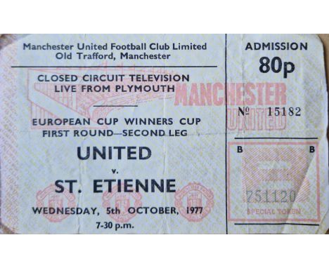 1977-78 MANCHESTER UNITED V ST ETIENNE ECWC CLOSED CIRCUIT TV FROM PLYMOUTH TO OLD TRAFFORD TICKET
Folds
Ref SR