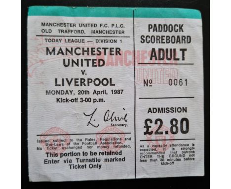 1986-87 MANCHESTER UNITED V LIVERPOOL TICKET
Slight fold
Ref SM