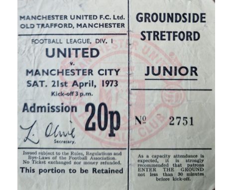 1972-73 MANCHESTER UNITED V MANCHESTER CITY TICKET
Folds
Ref SR