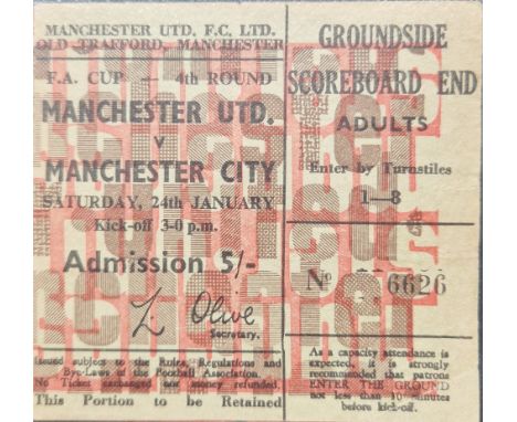 1969-70 MANCHESTER UNITED V MANCHESTER CITY FA CUP 4TH ROUND TICKET
Very slight fold
Ref DT