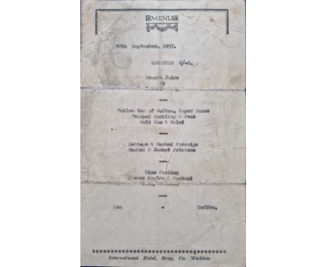 1957 MANCHESTER UNITED BUSBY BABES AUTOGRAPHED MENU
Menu from the International Hotel in Bray Ireland dated 24th Sept 1957 th