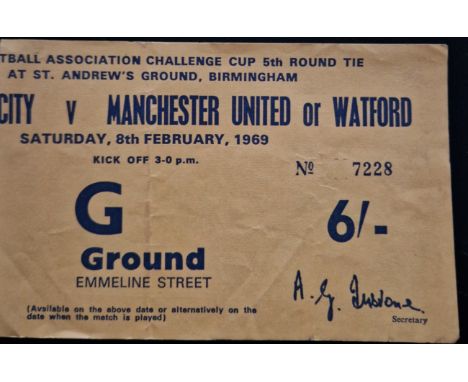 1968-69 BIRMINGHAM CITY V MANCHESTER UNITED FA CUP 5TH ROUND TICKET
Slight fold
Ref SM