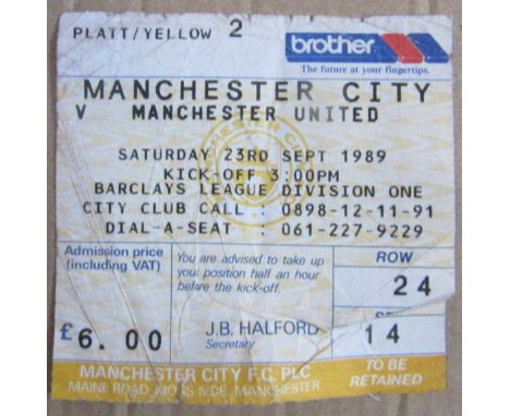 1989-90 MANCHESTER CITY V MANCHESTER UNITED TICKET
Folds &amp; small tears
Ref SR