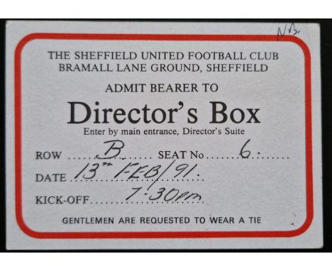 1990-91 SHEFFIELD UNITED V MANCHESTER UNITED RARE DIRECTORS BOX TICKET
Good condition with initials noted
Ref SM