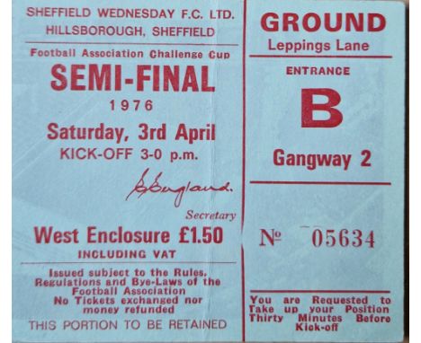 1975-76 DERBY COUNTY V MANCHESTER UNITED FA CUP SF AT HILLSBROUGH TICKET
Slight fold
Ref SR