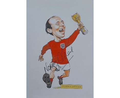 MANCHESTER UNITED &amp; ENGLAND 1966 WORLD CUP WINNER NOBBY STILES AUTOGRAPHED POSTCARD
Nobby Stiles signed caricature postca