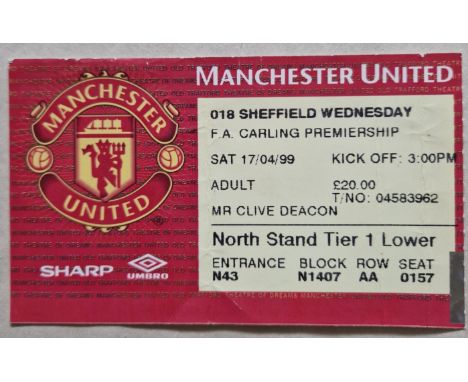 1998-99 TREBLE WINNING SEASON MANCHESTER UNITED V SHEFFIELD WEDNESDAY TICKET
Fold
Ref DT