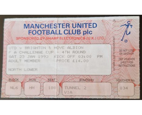 1992-93 MANCHESTER UNITED V BRIGHTON FA CUP 4TH RD TICKET
Slight fold
Ref MS