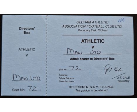 1991-92 OLDHAM ATHLETIC V MANCHESTER UNITED DIRECTORS BOX TICKET
Good condition with initials noted on top corner
Ref SM