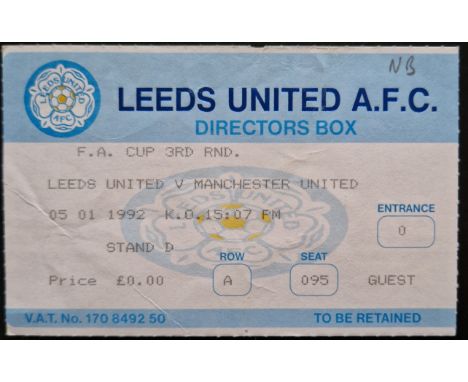1991-92 LEEDS UNITED V MANCHESTER UNITED FA CUP 3RD ROUND DIRECTORS BOX TICKET
Initials noted in top corner &amp; slight fold
