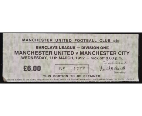 1991-1992 MANCHESTER UNITED V MANCHESTER CITY TICKET
Slight fold
Ref SM