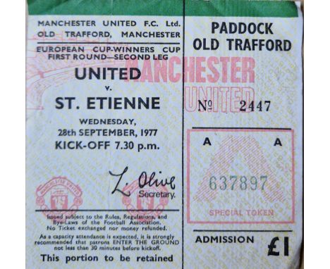 1977-78 MANCHESTER UNITED V ST ETIENNE TICKET - MATCH NEVER PLAYED, WAS MOVED TO PLYMOUTH
Folds
Ref SR