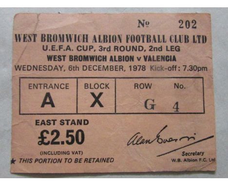 1978-79 WEST BROMWICH ALBION V VALENCIA UEFA CUP TICKET
Corner fold, slight handling marks
Ref MH