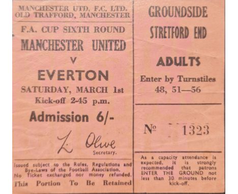 1968-69 MANCHESTER UNITED V EVERTON FA CUP 6TH ROUND TICKET
Folds
Ref DT