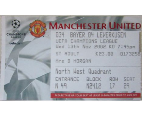 2002-03 MANCHESTER UNITED V BAYER O4 LEVERKUSEN&nbsp;CHAMPIONS LEAGUE TICKET
Ref KJ
&nbsp;