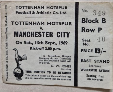 1969-70 TOTTENHAM HOTSPUR V MANCHESTER CITY TICKET
Pin holes top edge
Ref DJ