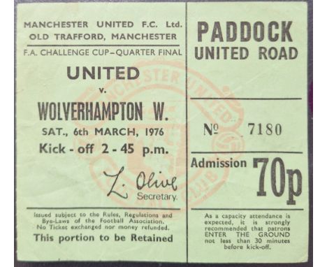 1975-76 MANCHESTER UNITED V WOLVERHAMPTON WANDERERS FA CUP 6TH RD TICKET
Slight fold
Ref DT