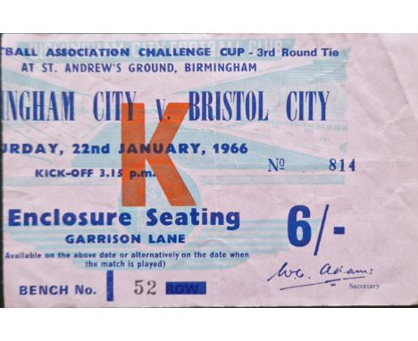 1965-66 BIRMINGHAM CITY V BRISTOL CITY FA CUP TICKET
Slight fold
Ref SM
