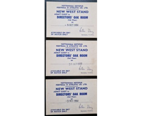 1984 TOTTENHAM HOTSPUR DIRECTORS BOX TICKETS X 3&nbsp;
9th Oct v Halifax Town Lge Cup, 31st Oct v Liverpool Lge Cup &amp; 3rd