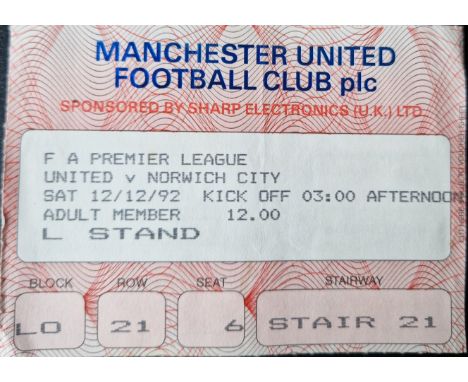 1992-93 MANCHESTER UNITED V NORWICH CITY TICKET
Good condition
Ref SM