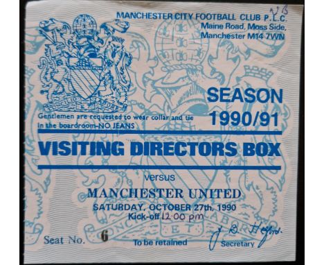 1990-91 MANCHESTER CITY V MANCHESTER UNITED DIRECTORS BOX TICKET&nbsp;
Good condition with initials noted in top corner
Ref S