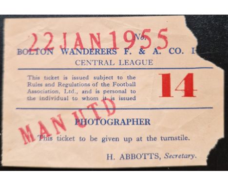 1954-55 BOLTON WANDERERS RESERVES V MANCHESTER UNITED RESERVES TICKET
Man Utd team would have been several of the Busby Babes