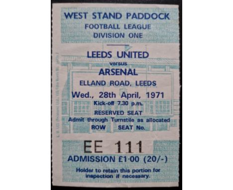 1970-71 LEEDS UNITED V ARSENAL TICKET&nbsp;ARSENAL DOUBLE WINNING SEASON
Good condition&nbsp;
Ref SM