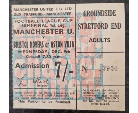 1970-71 MANCHESTER UNITED ASTON VILLA LEAGUE CUP SEMI-FINAL TICKET
Slight fold
Ref MS