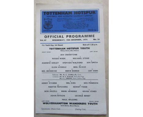 1974-75 TOTTENHAM HOTSPUR V WOLVERHAMPTON WANDERERS FA YOUTH CUP
Single sheet in good condition
Ref KJ